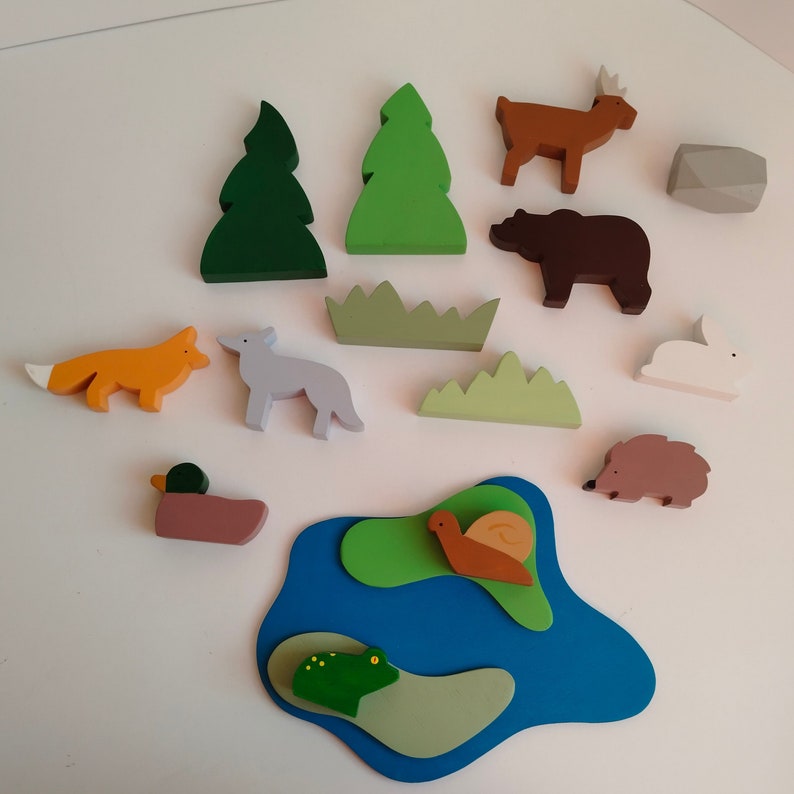 Handmade Wooden Toy Animals , Woodland Animals Figure , Forest Animals Toys Set , Birthday Gift For Kids , Kids Room Decor ,Montessori Toys zdjęcie 4