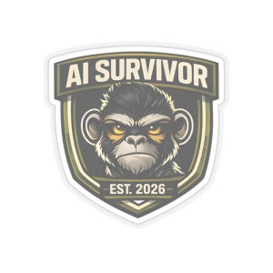 Puede incluir: Una pegatina con una ilustración de un simio con expresión severa dentro de un diseño de escudo. El texto "AI SURVIVOR" está en la parte superior, con "EST. 2026" en la parte inferior. El simio tiene pelaje oscuro y ojos amarillos intensos.