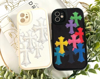 Chrome Hearts Gothic Y2K Cross en cuir pour iPhone, Etui de téléphone grunge halloween, Gothique de protection antichoc, Housse de téléphone portable