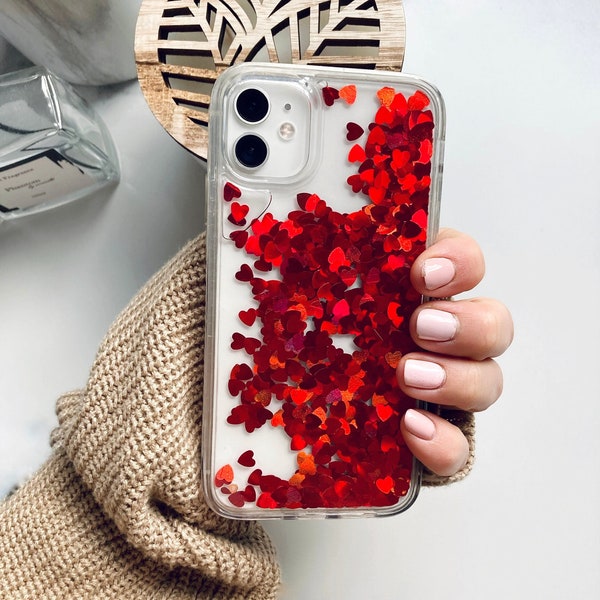 Glitter Phone Case, Floating Hearts Sequins Siicone Case For iPhone 7-14 Pro Max Plus, Clear Dynamic Liquid Case, Soft Cover