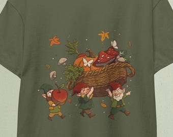 Cottagecore Gnomes T-Shirt, Fall Mushroom Pumpkin Design