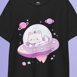 Ruimtekat-T-shirt | Shirt kat ufokat, cadeaus kattenliefhebber, pastel goth, kawaii kattenshirt, shirt grappige kat, kawaii kleding, kitty-shirt, ufo-shirt