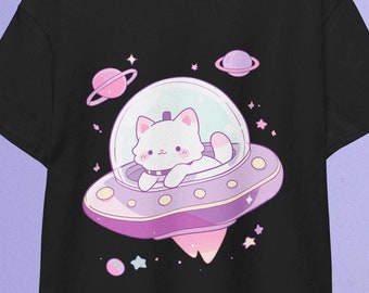 Camiseta OVNI de gato espacial: Camiseta gótica pastel kawaii de gatito