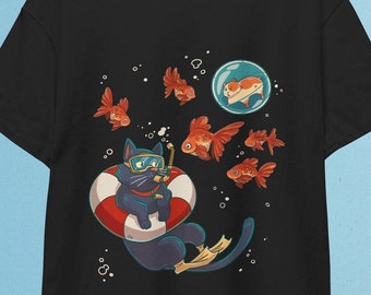 Funny Cat & Golden Fish T-Shirt: Quirky Graphic Tee