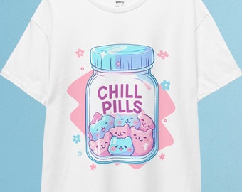 Pastelkleurige Goth Chill Pills T-shirt | Pastel goth, kawaii kleding, yami kawaii-shirt, harajuku-kleding, kawaii goth, griezelig schattig shirt, hekserij
