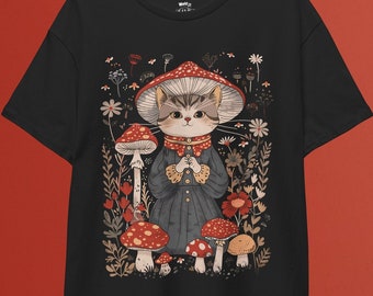 Mushroom Cat T-Shirt: Cottagecore Botanical Tee