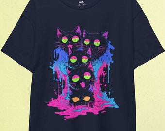 Trippy Melt Cats Camiseta / Vaporwave, Equipo Rave, Camisa de Gato, Estética Neón, Ropa Alt, Ropa Grunge, Camisa Psicodélica, Weirdcore