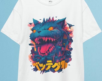 Camiseta Catzilla: Camiseta de gato neón de anime Vaporwave de los 90
