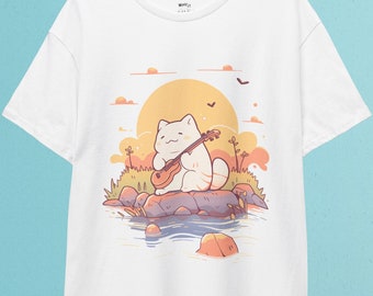 Kawaii Cat Guitar T-Shirt: Japanese Harajuku Sunset Tee