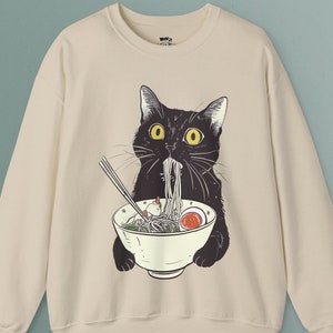 Sudadera con gato de ramen, regalo para amantes de los gatos, sudadera kawaii, camiseta de gato de anime, camiseta japonesa, camiseta de amantes de la comida, amante del ramen, sudadera de gatito
