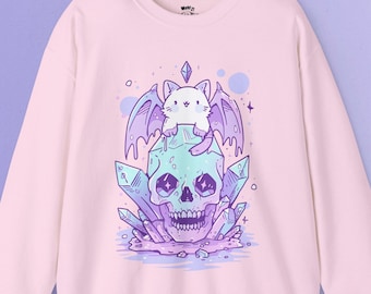 Moletom com caveira de gato pastel gótico | Pastel Goth, Roupas Kawaii, Roupas Harajuku, Kawaii Goth, Moletom fofo e assustador, Bruxo, Yami Kawaii