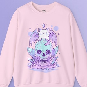 Pastel Goth Skull Cat Sweatshirt | Pastel Goth, Kawaii Clothes, Harajuku Clothing, Kawaii Goth, Creepy Cute Sweatshirt, Witchy, Yami Kawaii