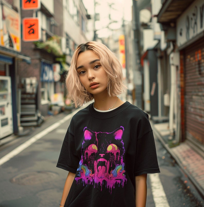 Trippy Cat T-Shirt |  Trippy Shirt, Vaporwave, Rave Gear Shirt, Psychedelic, Weirdcore Shirt, Neon Aesthetic, Alt Clothing, Grunge Clothes, S to 5XL, Plus Size Clothing, Unisex Shirt, Graphic T-shirts, Gift For Her, Gift For Him, E Girl Clothing