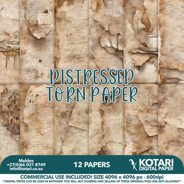 Digital Paper - Distressed Torn Stained Paper - Backgrounds - Journal Pages  - Commercial Rights and License - Brown Torn Effect Paper