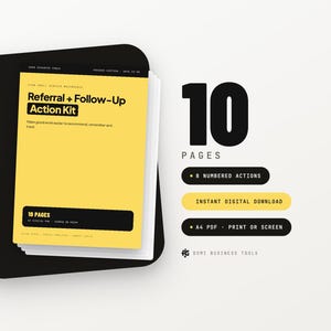 Op de afbeelding: Een geel en zwart digitaal document getiteld Referral + Follow-Up Action Kit. Het document bevat 10 pagina's, 8 genummerde acties en is opgemaakt als A4 PDF voor print of scherm. De tekst bevat de merknaam Gomi Business Tools.
