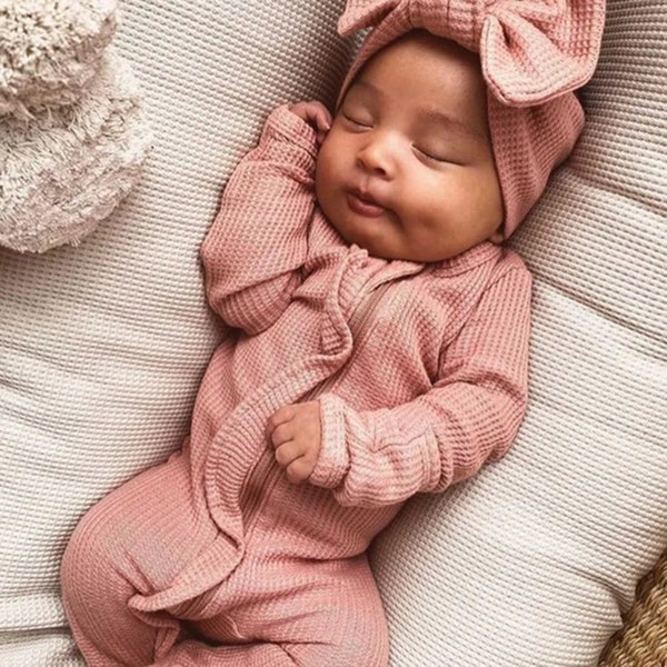 Newborn Baby Coming Home Outfit Girl Boy Zipper Footie Romper Jumpsuit Ruffle Waffle Knit Hospital Coming Home Outfit Clothes