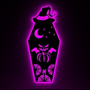 Coffin Halloween LED Sign, Spooky Wall Decor, Haunted House Art, Lighted Wall Hanging, Gothic Home Decor, Skeleton, Witch, Scary Party Gift