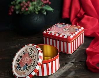 Metal Tin Set of 2 – Love Letter Design, Decorative Storage Boxes for Cookies, Candy & Gifts – Round 14cm + Square 15cm