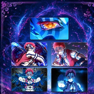 May include: A collection of five rectangular prints featuring the anime character Akaza from Demon Slayer. The images display the character with pink hair, blue skin markings, and a red vest in various combat poses and a close-up of an eye.