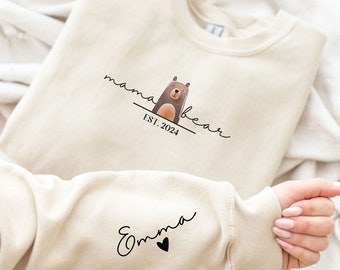 Cozy Personalized Mama Bear Sweatshirt- Mama Est with Kid Name on Sleeve- Perfect Gift for Mothers Day