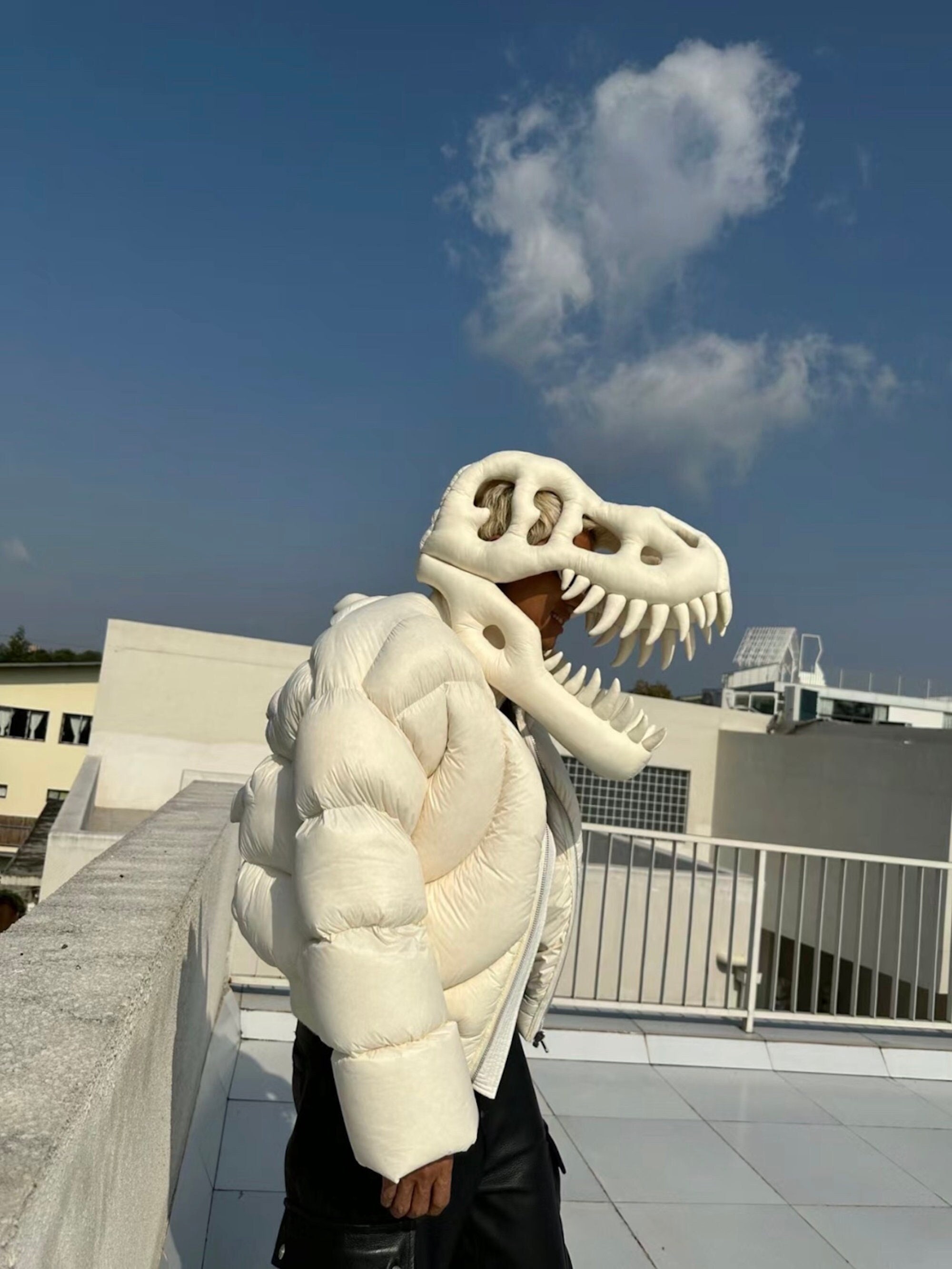 Frozen Fossil: T-rex Skeleton White Down Jacket - A Prehistoric