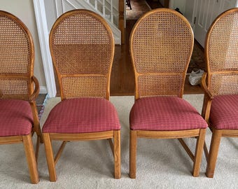 Vintage Thomasville Cane‑Back Dining Room Chairs – Solid Wood, Classic 1980s Design, Upholstered Seat (Set of 4)