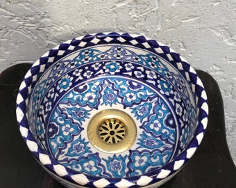 Blue Haven handbemaltes Keramikwaschbecken, handgefertigtes marokkanisches Arbeitsplattenbecken.