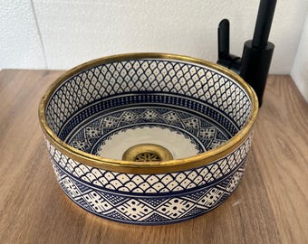 Handmade Blue Moroccan Ceramic Sink with Brass Rim – Artisan Boho Vessel Basin for Bathrooms