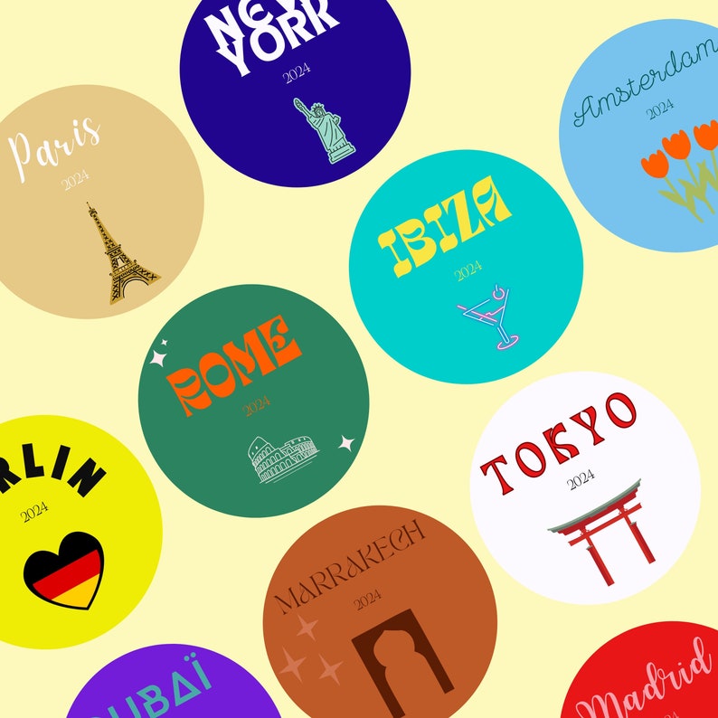 Set of 10 Canva Models of Downloadable and Customizable Travel Stickers