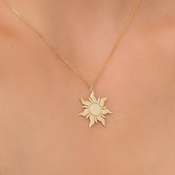 14k 18k Gold Sun Necklace, Solid Gold Sun Shaped Necklace, 14K Gold Sun Necklace, Handmade Jewelry, Gift for Her, Mother's Day Gift