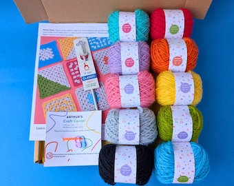 Learn to crochet; granny square crochet starter kit, miter square, everything you need; tools, materials and video tutorials included