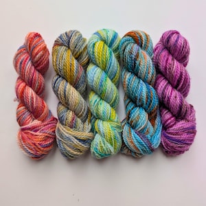 May include: Five skeins of colorful yarn, each with a different color combination. The yarn is a variegated blend of blues, greens, yellows, oranges, pinks, and purples.