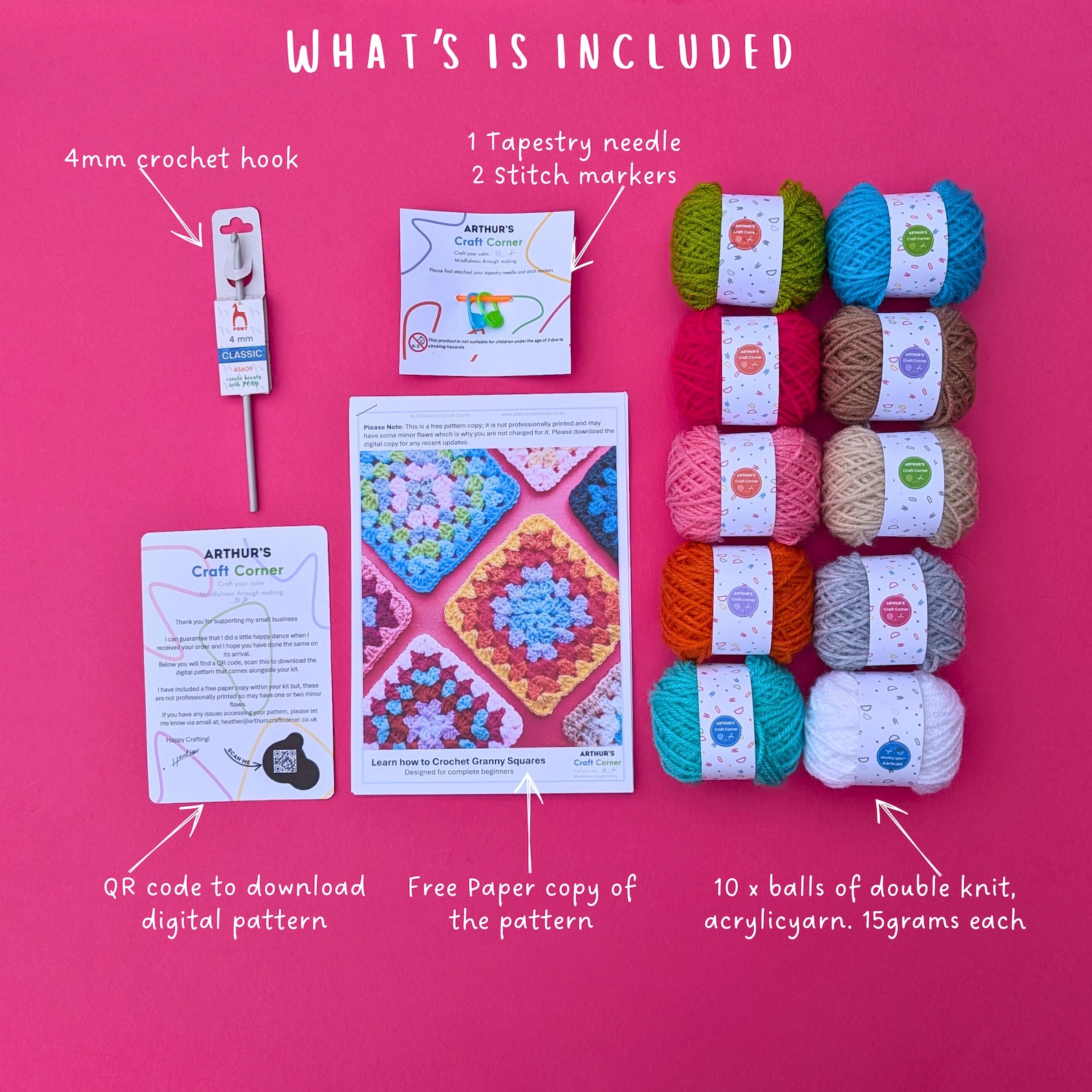 Beginner Crochet Granny Square Kit Includes Yarn, Hook & Video