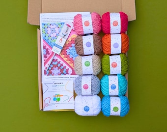 Simple learn to crochet kit: Learn to crochet granny squares, all materials, tools, tutorials  included with your choice of yarn colours