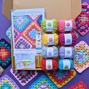 Beginner Crochet Granny Square Kit: Acrylic Yarn, Video Tutorials