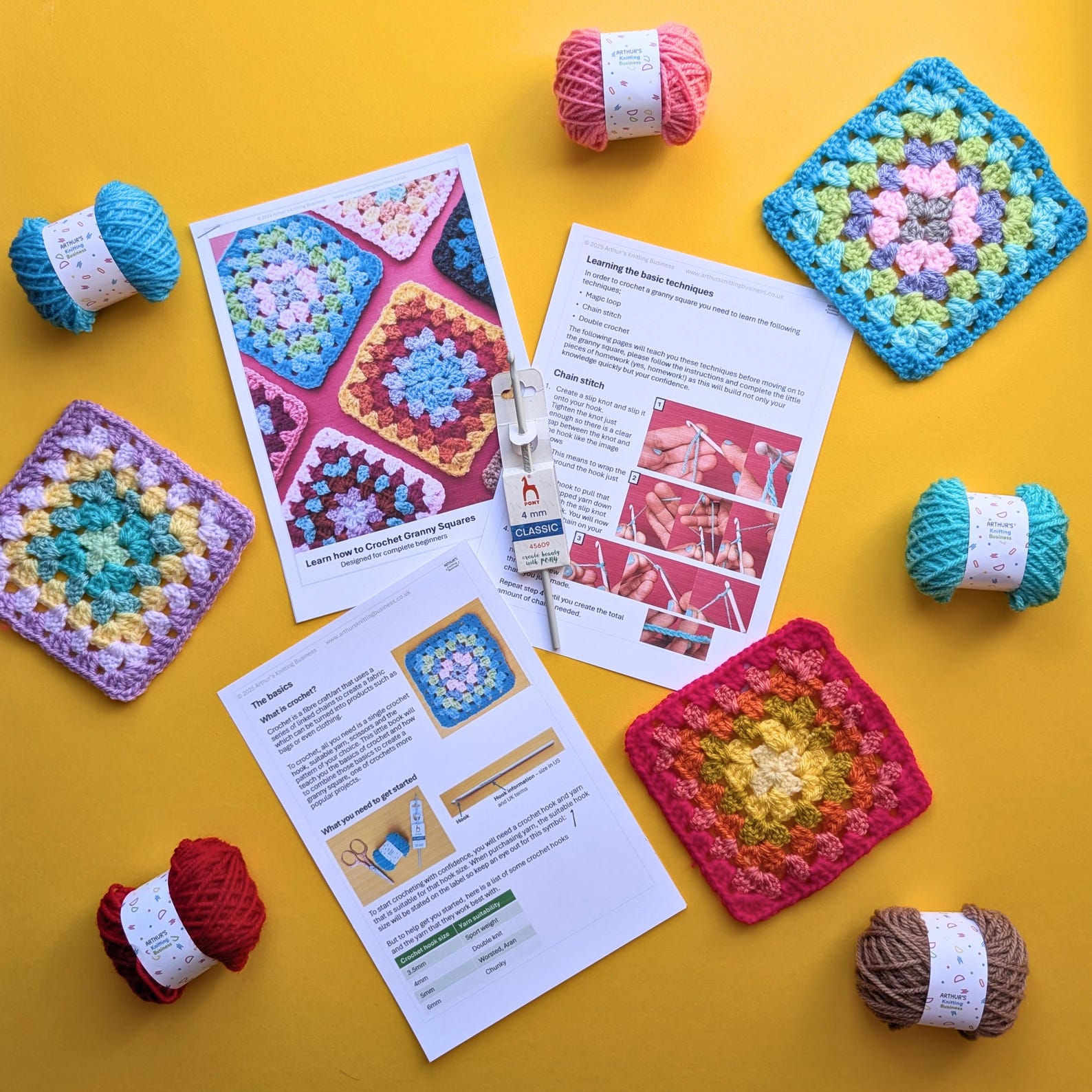 Beginner Crochet Granny Square Kit Includes Yarn, Hook & Video