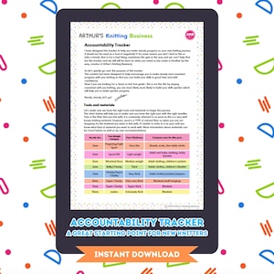 Könnte beinhalten: Ein druckbarer Accountability Tracker für Stricker. Der Tracker enthält eine Tabelle mit Garnstärken, Garnstärken und empfohlenen Strickprojekten für jede Garnart. Der Text auf der Seite lautet "Accountability Tracker" und "Ein großartiger Ausgangspunkt für neue Stricker".