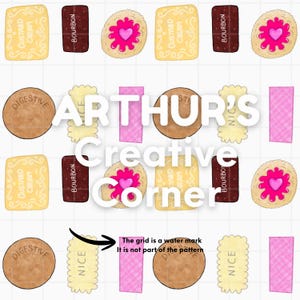 May include: A repeating pattern of various biscuit illustrations, including custard creams, bourbons, digestive biscuits, and heart-shaped jam biscuits. The text "ARTHUR'S Creative Corner" is overlaid on the image. The grid is a watermark and not part of the pattern.