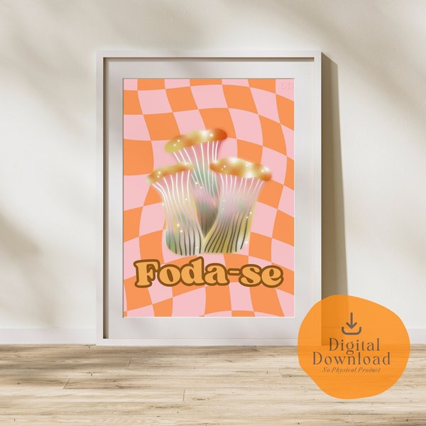 Mushrooms Pink Orange Checkered Poster, Digital Download, Printable Home Decor, Foda-se