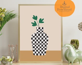 Arte de parede com vaso xadrez | Pôster moderno em preto e branco | Decoração para casa para imprimir | Download digital