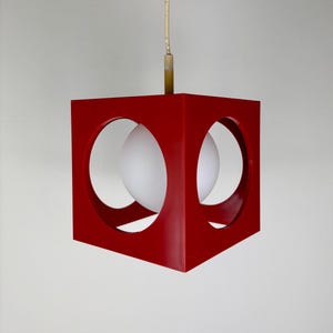 Space Age Ceiling Lamp, Richard Essig, Red Minimalistic Cube Design, 1970s, Retrofuturistic Lamp, Germany, Sputnik Design