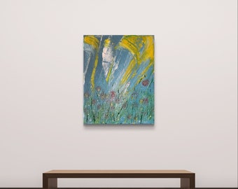 Sunshine Floral Modern Wall Art: Abstract schilderij met blauwe, witte en gele accenten, originele grote kunstwerken voor woonkamer en kantoor