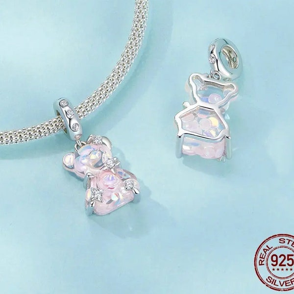 100% 925 Sterling Silver Dreamy Bear Inlaid Stars Charm fit Charm Bracelet Bangle DIY Jewelry handmade charms
