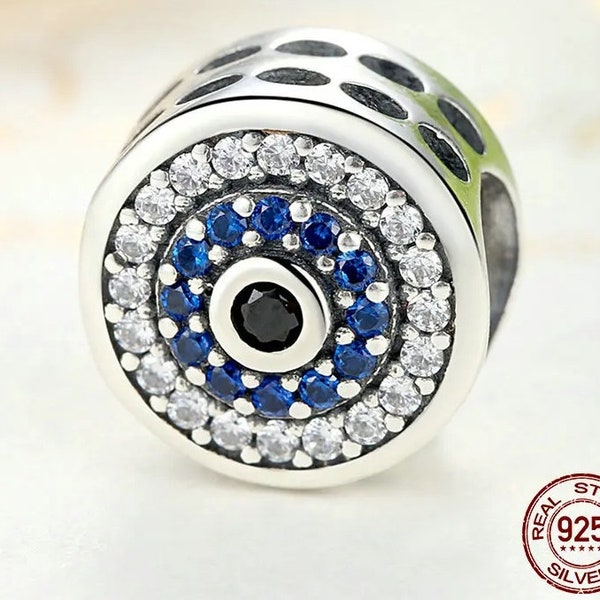 Real 100% 925 Sterling Silver Blue Crystals Eyes Round Bead Charms Fit Women Charm Bracelets & Bangles Jewelry handmade charms