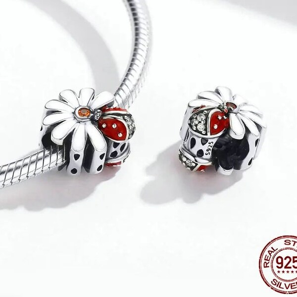 Ladybug with Daisy Flower Beads for Women 925 Sterling Silver Enamel Charm fit Original Bracelet DIY Jewelry handmade charms