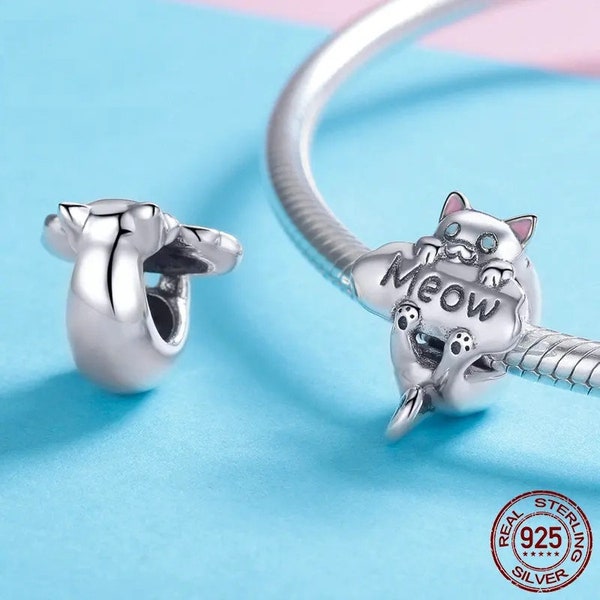 Genuine 925 Sterling Silver Cute Cat Beads Meow Cat Animal Charm fit Charm Bracelet DIY Jewelry Making Gift handmade charms