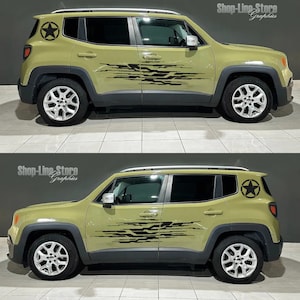Pode incluir: Um Jeep Renegade verde com adesivos gráficos preto e branco no lado e uma estrela preta na parte de trás. Shop-Line-Store Graphics está impresso na imagem.
