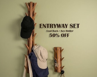 Entryway Set 50% OFF - Modern Coat Rack with Key Holder, Ash Wood Wall Mounted Hat Rack, Unique Floating Key Hanger, Housewarming Gift