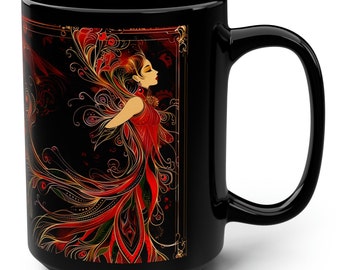 Black Mug, 15oz In her presence, one feels the stirring of infinite possibilities - The Peacock Queens Collection - Customizable