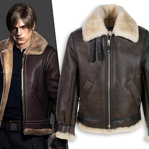 Resident Evil 4 Leather Jacket Leon Kennedy Bomber Jacket Men's Aviator Fur Jacket